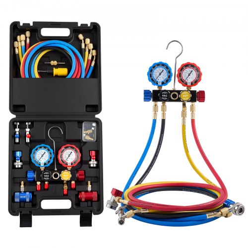 

VEVOR Kit Manometro Ricarica del Refrigerante per Aria Condizionata Auto con Custodia Portatile, Manometro Indicatore a 4 Vie per Sistema Aria Condizionata per Auto Casa R134a R404A R1234yf R22