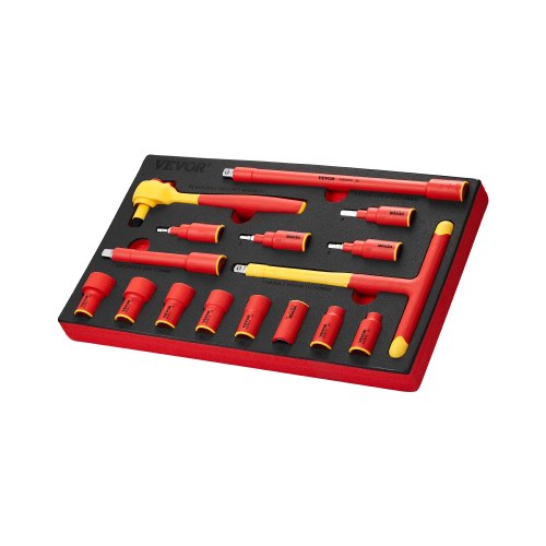 

VEVOR Set di Chiavi Isolate 425 x 245 x 62 mm Set di Strumenti per Prese Isolate 16 Pezzi, 1000 V con Prese Isolate, Chiave con Impugnatura a T, Cricchetto, Nero Giallo/Rosso, Riparazioni Domestiche