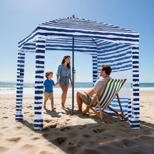 

VEVOR Tenda da Spiaggia da 1830 x 1830 x 2290 mm, con Parete Laterale e Tasche per la Sabbia, Ombrellone Parasole Portatile Regolabile in Altezza per Famiglia e Amici, Blu con Striature Bianche
