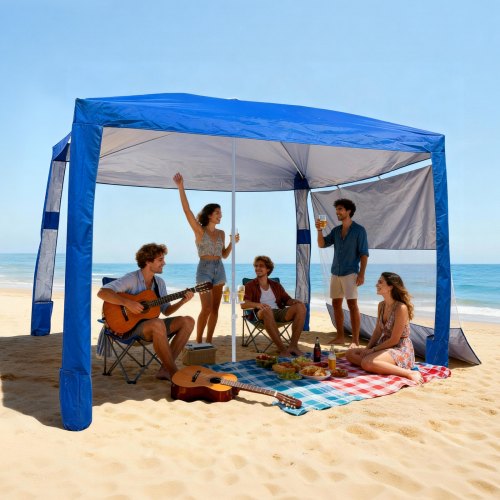 

VEVOR Parasole da Spiaggia Portatile 2400 x 2400 x 2400 mm con Parete Laterale e Tasche per la Sabbia, Facile da Montare, Ombrellone Parasole Portatile Regolabile in Altezza per Famiglia, Blu