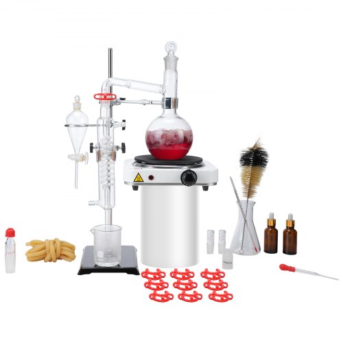 

VEVOR Kit di distillazione di oli essenziali, apparecchio di distillazione da 500 ml, kit di distillazione di vetreria 3,3 Boro con piastra riscaldante da 1000 W, set da 33 pezzi