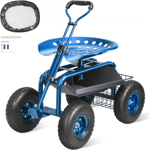 

VEVOR Sedile da Giardino a Rotelle Sgabello da Giardinaggio Girevole a 360° su Ruote Gonfiabili Carrello da 25,4cm con Sedile 760x450x960 mm Manico Allungabile Vassoio Porta Attrezzi per Patio Cortile
