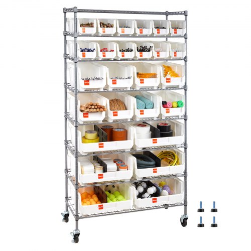 

VEVOR Scaffale Portaoggetti Mobile a 8 Ripiani, 26 Contenitori Portaoggetti, Sistema di Scaffalature in Filo d'Acciaio con Ruote, per Garage, Magazzino, Ufficio, Ristorante, Aula, Cucina