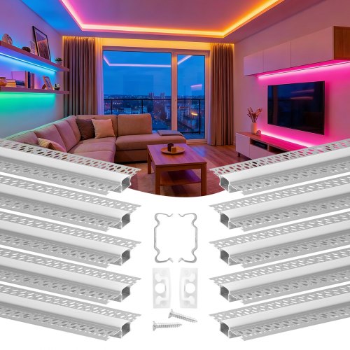 

VEVOR Set di Profili per Strisce LED in Alluminio 10 pezzi da Incasso Lunghezza 2 m, Confezione 10 Canali per Luci LED per Cartongesso Illuminazione da Parete Soffitto con Diffusore Bianco