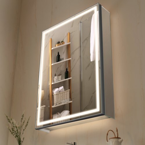 

VEVOR Armadietto per Medicinali Illuminato con Specchio 50 x 70 cm da Incasso o da Parete, Mobiletto per Medicinali da Bagno con LED Dimmerabile a 3 Colori, Illuminazione Inferiore