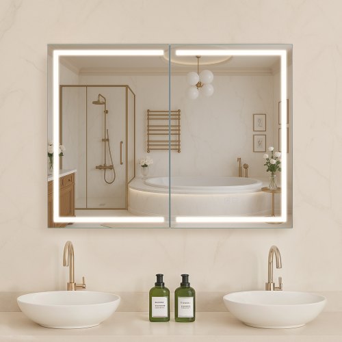 

VEVOR Armadietto per Medicinali Illuminato con Specchio 60 x 80 cm da Incasso o da Parete, Mobiletto per Medicinali da Bagno con LED Dimmerabile a 3 Colori, Funzione di Memoria, con Prese USB