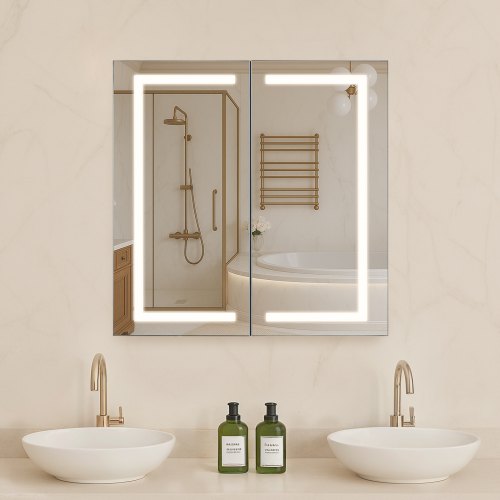 

VEVOR Armadietto per Medicinali Illuminato con Specchio 65 x 65 cm da Incasso o da Parete con LED Dimmerabile a 3 Colori Funzione di Memoria, Mobiletto Porta Medicine da Bagno