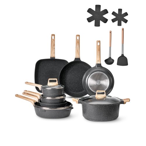 

VEVOR Set di Pentole, Padelle Antiaderenti in Granito con Manico, Set di Pentole a Induzione da Cucina per Camper, con Frittura, Coperchi in Vetro Temperato, Nero 19 Pezzi