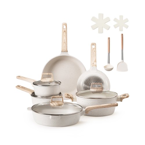 

VEVOR Set di Pentole, Padelle Antiaderenti in Granito con Manico, Set di Pentole a Induzione da Cucina per Camper, con Frittura, Coperchi in Vetro Temperato, Bianco, 17 Pezzi