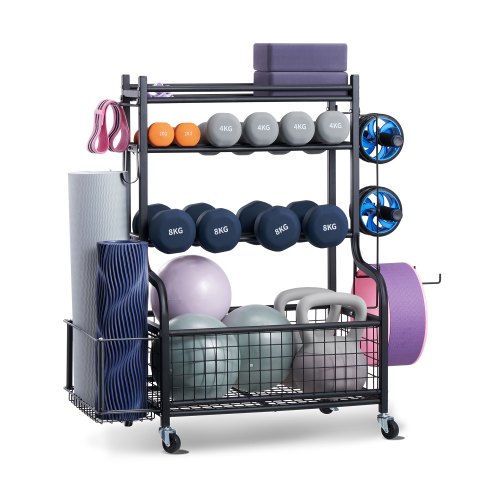 

VEVOR Supporto per Tappetino Yoga in Acciaio Verniciato a Polvere, Organizzatore per Attrezzi da Palestra per Casa con Ganci e Ruote, Supporto per Pesi per Rullo di Schiuma, Manubri e Cinghia Yoga