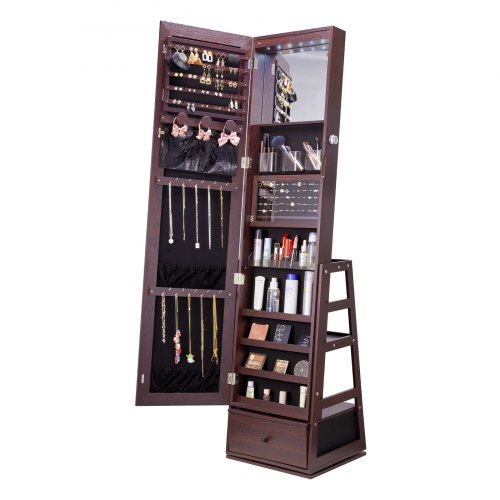 

VEVOR Specchio Portagioie da Terra Specchio Girevole 360° con Contenitore, Armadietti Portagioie con Specchio a Figura Intera Fodera in Velluto Luce LED, Specchio Organizzatore Portagioielli, Marrone
