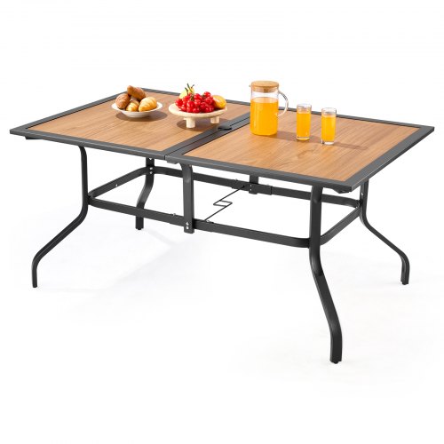 

VEVOR Tavolo da Pranzo per Esterni, Tavolo da Bistrot da Giardino Rettangolare con Doghe in Acciaio Effetto Legno da 150 cm, con Foro per Ombrellone da 38 mm, Mobili da Esterno per Prato, Giardino