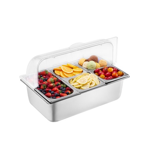 

VEVOR Contenitore Espositivo per Servire Cibo da Banco, Vassoio per Servire Cibo in Acciaio Inox 5 Teglie, Espositore per Dispensatori di Condimenti a Buffet con 3 Contenitori per Congelatore