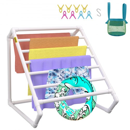 

VEVOR Porta asciugamani piscina, 8 barre, bianco, organizer da esterno triangolare in PVC a bordo piscina, include 8 clip per asciugamani, borsa in rete, gancio