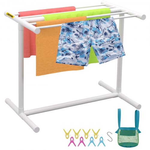

VEVOR Portasciugamani da Piscina, 5 Barre, Bianco, Organizzatore di Stoccaggio a Bordo Piscina a Forma di T in PVC per Esterni Autoportante, Include 8 Clip per Asciugamani, Borsa in Rete, Gancio