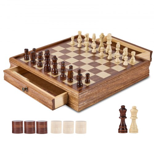 

VEVOR Set di Scacchi in Legno Massello 400 x 380 x 68 mm Set da Gioco di Dama 2 in 1, 2,2 kg Giochi da Scacchiera con Cassetto Portaoggetti e Pezzi di Dama con Peso e 2 Regine, per Adulti Bambini