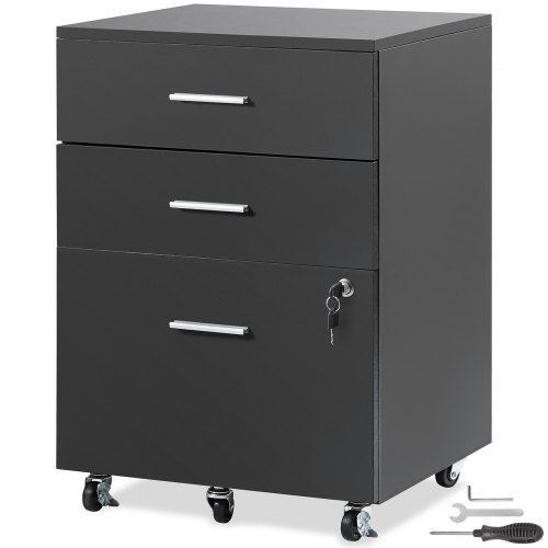 

VEVOR Schedario, Schedario in Legno a 3 Cassetti, Armadietto da Ufficio con Chiusura per Formato Lettera/A4, Schedario con 5 Ruote per Ufficio Domestico, Nero