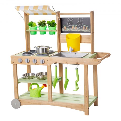 

VEVOR Cucina Educativa per Bambini da 880 x 326 x 900 mm, Cucine Giocattolo in Legno per Esterni con Cucchiai, Lavello, Tettuccio Parasole, Ruote Girevoli, Pentole e Accessori, per la Casa e Prato