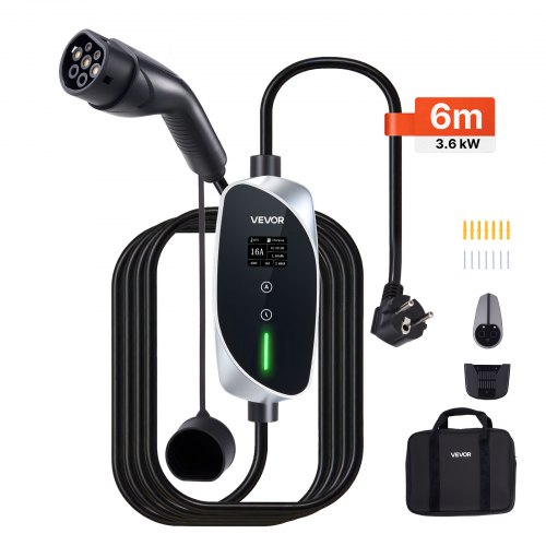 

VEVOR Caricabatterie Portatile per Auto Elettriche 3,6 kW 16 A, Colonnina Portatile per Veicoli Elettrici di Tipo 2 Stazione Ricarica Monofase con Cavo Ricarica 6 m Spina Schuko 16A Schermo LCD