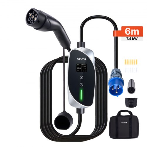 

VEVOR Caricabatterie Portatile per Auto Elettriche 7,4 kW 32 A, Colonnina Portatile per Veicoli Elettrici di Tipo 2 Stazione Ricarica CEE Monofase con Cavo Ricarica 6 m Spina Schuko Schermo LCD