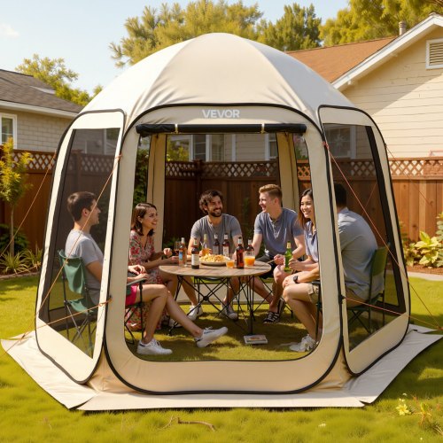 

VEVOR Tenda da Campeggio Trasparente con Finestra 3030 x 2650 x 2300 mm Tenda Gazebo a Baldacchino per 4-8 Persone, con Borsa per il Trasporto, Lati in Rete, per Patio e Attività all'Aperto, Beige