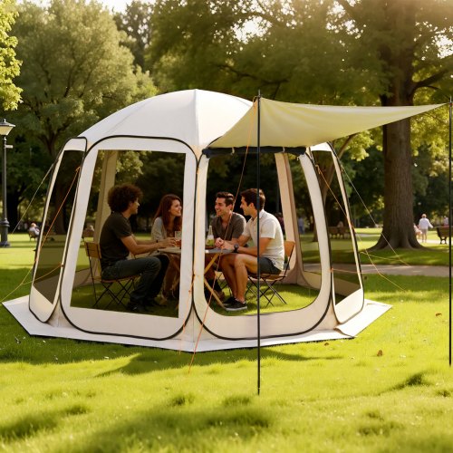 

VEVOR Tenda da Campeggio Trasparente con Finestra 3660 x 3380 x 2300 mm per 10-12 Persone con Tendalino Esteso, con Borsa per il Trasporto, Lati in Rete, per Patio e Attività all'Aperto, Beige