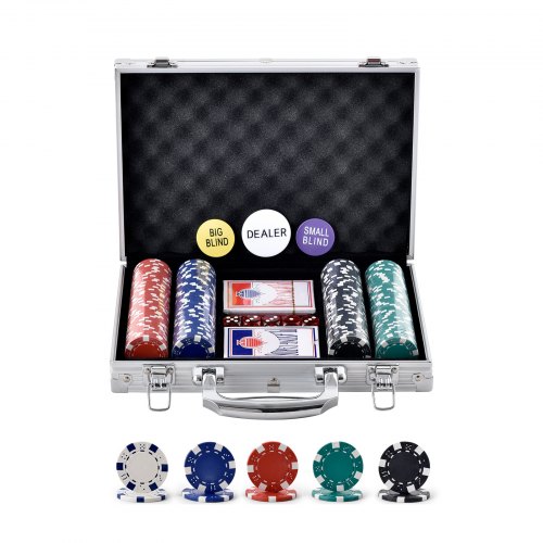 

VEVOR Set di Fiches da Poker, Set Poker 200 Pezzi, Set Completo Fiches da Carte da Giochi con Valigetta in Alluminio, Fiches da Poker 6-7 Giocatori, Carte, Bottoni Dadi per Texas Hold'em, Blackjack