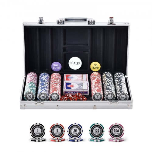 

VEVOR Set di Fiches da Poker, Set da Poker 300 pezzi, Set Completo Fiches da Carte da Giochi con Valigetta in Alluminio, Fiches da Poker 11,5 Grammi, Carte, Bottoni Dadi per Texas Hold'em, Blackjack
