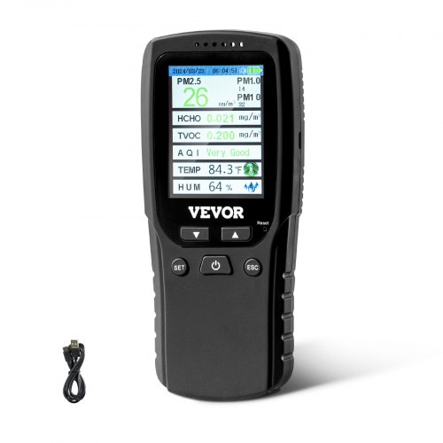 

VEVOR Monitore della Qualità dell'Aria 164 x 71 x 44 mm Monitore di Formaldeide 8 in 1, Rilevatore di Particelle PM2,5 PM10 PM1,0 Temperatura, Umidità, con Soglie di Allarme per Interni ed Esterni
