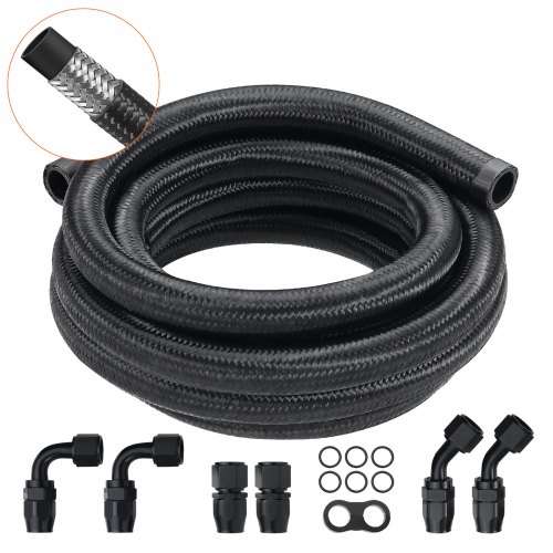 

VEVOR 10AN Kit Tubo Carburante, Kit Tubo Carburante da 10 FT, Kit Tubo Carburante Intrecciato in Nylon da 0,55" in Nylon per Olio/Gas/Diesel, con 7 Kit Adattatori Raccordo Girevole, Nero