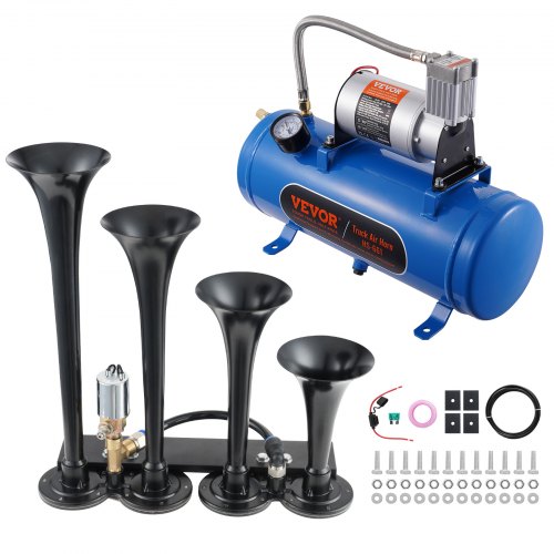 

VEVOR Set Clacson da Camion Auto, Set da 4 Trombe Clacson 150 dB per Camioncini, Compressore d'Aria da 12V Pressione 120 PSI, Serbatoio 6 Litri con Manometro per Veicolo a 12V, Camion, Furgone, Barca