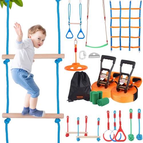 

VEVOR Ninja Kit per Bambini Slackline da Arrampicata Percorso a Ostacoli 2x19,8 m Carico 226,8 kg 12 Ostacoli Attrezzatura da Gioco all'Aperto con Rete da Arrampicata Monkey Bar per Cortile Giardino