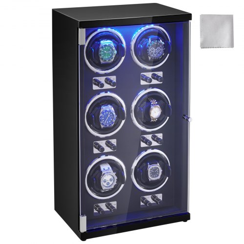 

VEVOR Caricaorologi, Caricaorologi per 6 orologi automatici da uomo e da donna, con 6 motori giapponesi super silenziosi, luce LED blu e adattatore, guscio ad alta densità e PU nero