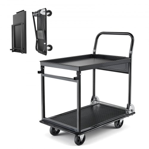 VEVOR Carrello Pieghevole 2 Ripiani per Trasporto Pacchi Merci per Magazzino Carico max. 317,51 kg, Carrello con Piattaforma con Ruote a Pianale da 2 Ripiani, per Garage, Officina, Logistica