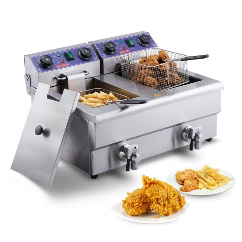 

VEVOR Friggitrice Commerciale, Macchina Friggitrice Elettrica Doppia Vasca 3000 W con Cestello in Acciaio Inox 11 L con Filtraggio dell'Olio, Controllo Tempo Temperatura, Friggitrice da Cucina