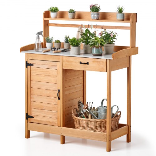 

VEVOR Armadietto Banco per Giardinaggio, Postazione di Lavoro in Legno per Esterni con Piano in Ferro Zincato da 112 x 46,5 cm, con Cassetto, Mobiletto Portaoggetti e Ripiani, Ganci per Patio
