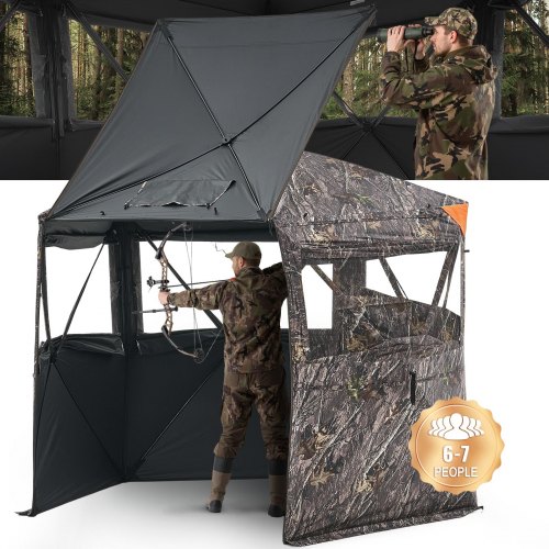 

VEVOR Tenda da Caccia, Tenda da Caccia a Terra per 6 a 7 Persone con Borsa per il Trasporto, Mimetica Portatile, Riparo Nascosto Resistente Rinforzato con Porta e Finestra con Cerniera