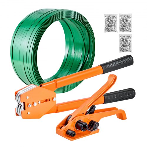 

VEVOR Set di Reggiatura per Cinghie Plastiche, Kit di Reggiatura Manuale, Tendireggia e Sigillatrice con Reggia in PET da 304,8 m e 300 Sigilli Metallici, per Imballaggio di Pallet, Magazzino Trasloco
