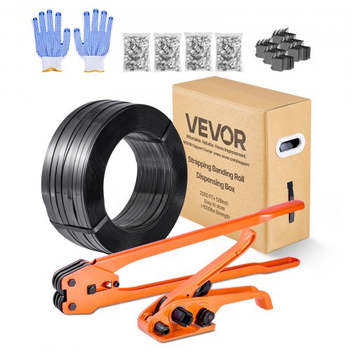

VEVOR Set di Reggiatura per Cinghie Plastiche, Rotolo di Reggetta da 610 m, Kit di Reggiatrici Manuali per Imballaggio Magazzino Trasporto, con 600 Sigilli Metallici, 200 Protezioni Angolari, Guanti
