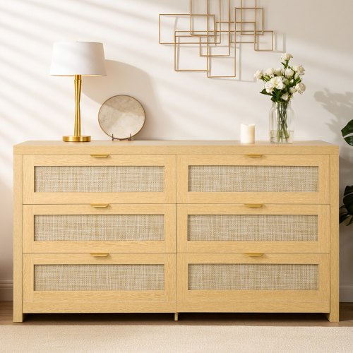 

VEVOR Credenza con Armadio Rattan Intrecciato da 144,5 x 45 x 79,5 cm, Carico di 91 kg con 6 Cassetti e Maniglie in Metallo, Mobiletto Moderno in Rattan per Camera da Letto, Soggiorno, Corridoio