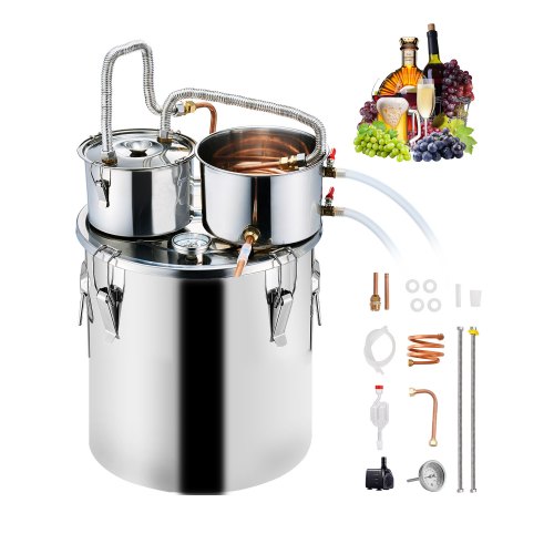 

VEVOR Kit Distillatore per Alcol Pompa dell'Acqua, Kit Fermentazione Serpentina in Rame Doppio Condensatore Distillazione Secondaria, Kit Distillatore Serbatoio Capienza 30 L per Bevande Alcoliche