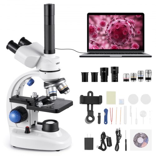 

VEVOR Microscopio Trinoculare, Kit Microscopio Composto con Ingrandimento 40-5000X, Corpo in Lega di Alluminio, Illuminazione a LED Supporto per Telefono Inclusi, per Laboratorio, Scuola