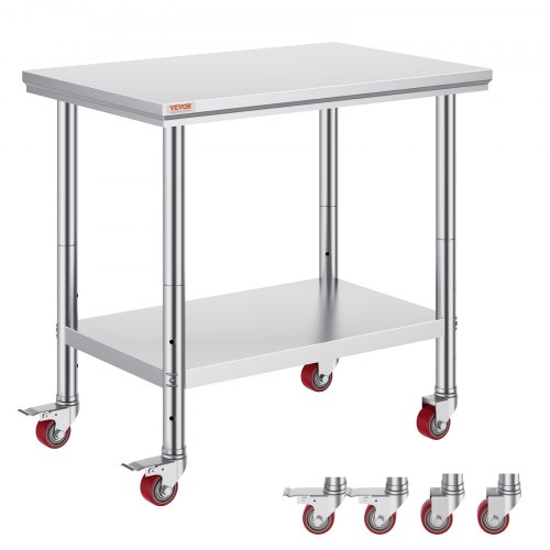 

VEVOR Tavolo di Lavoro Banco Lavoro Cucina Commerciale in Acciaio Inox con 4 Ruote Regolabile, Tavolo Piano Doppio 90x60x82cm Acciaio Inox Altezza Regolabile con Ruote Blocco, Banco Lavoro da Cucina