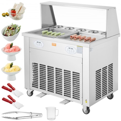 

VEVOR Macchina per Gelato Fritto Arrotolato 2 Vaschette 38x38 cm, Piastra per Gelato Arrotolato Commerciale in Acciaio Inox Alimentare, Macchina per Rollare Gelato Compressore 4 Raschiatori