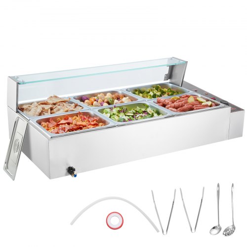 

VEVOR Scaldavivande Commerciale a 6 Vaschette, Tavolo Elettrico a Vapore 6 x 7,57 L con Coperchio in Vetro, Bagnomaria Buffet in Acciaio Inox 1500 W, Controllo Temperatura 30-85°C Ristoranti, Argento