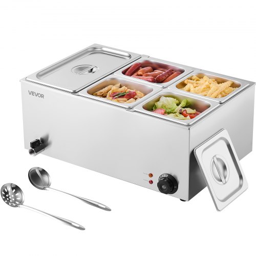 

VEVOR Scaldavivande Commerciale da Banco Scaldavivande Elettrico a Vapore con 5 Contenitori (Dimensioni 1/2 1/6) 1200 W in Acciaio Inox Temperatura tra 30 e 80 °C per Catering, Buffet Feste