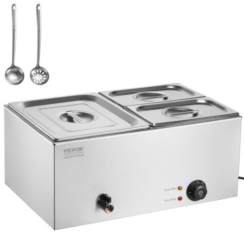 

VEVOR Scaldavivande Commerciale da Banco Scaldavivande Elettrico a Vapore con 3 Contenitori (Dimensioni 1/2 1/4) 1200 W in Acciaio Inox Temperatura tra 30 e 80 °C per Catering, Buffet Feste