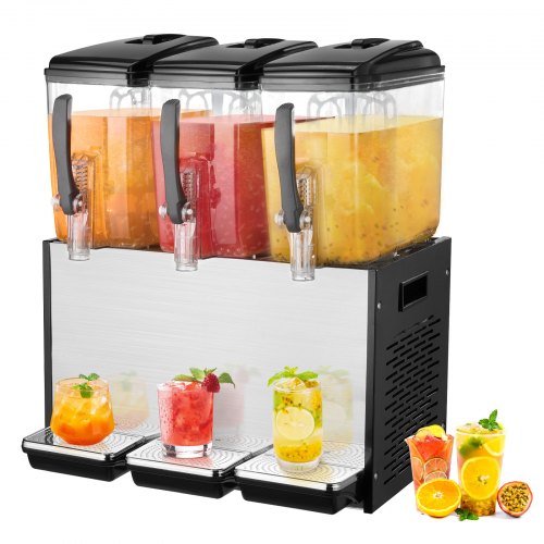 

VEVOR Distributore di Bevande Commerciali, Distributore Succhi 3 x 12 L 370 W, Macchina Bevande in Acciaio Inox 304 Uso Alimentare, Temperatura Raffreddamento 7-12 °C, per Bevande Fredde, Ristoranti