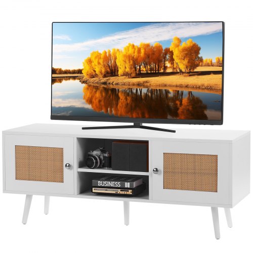 

VEVOR Mobile TV in Rattan, Mobile TV Boho per TV, Moderno di metà secolo, Console TV Rattan con Ripiani Regolabili Soggiorno, Sala Multimediale, Studio, 120 x 40 x 49 cm, 2 Ante 2 Cassetti, Bianco