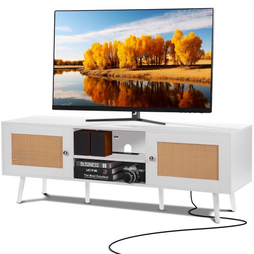 

VEVOR Mobile TV in Rattan, Mobile TV Moderno Mid Century per TV da 1651 mm, Mobile TV Boho in Rattan con Presa Integrata e Porte USB, Ripiani Regolabili per Soggiorno, Mobile Sala Multimediale Bianco